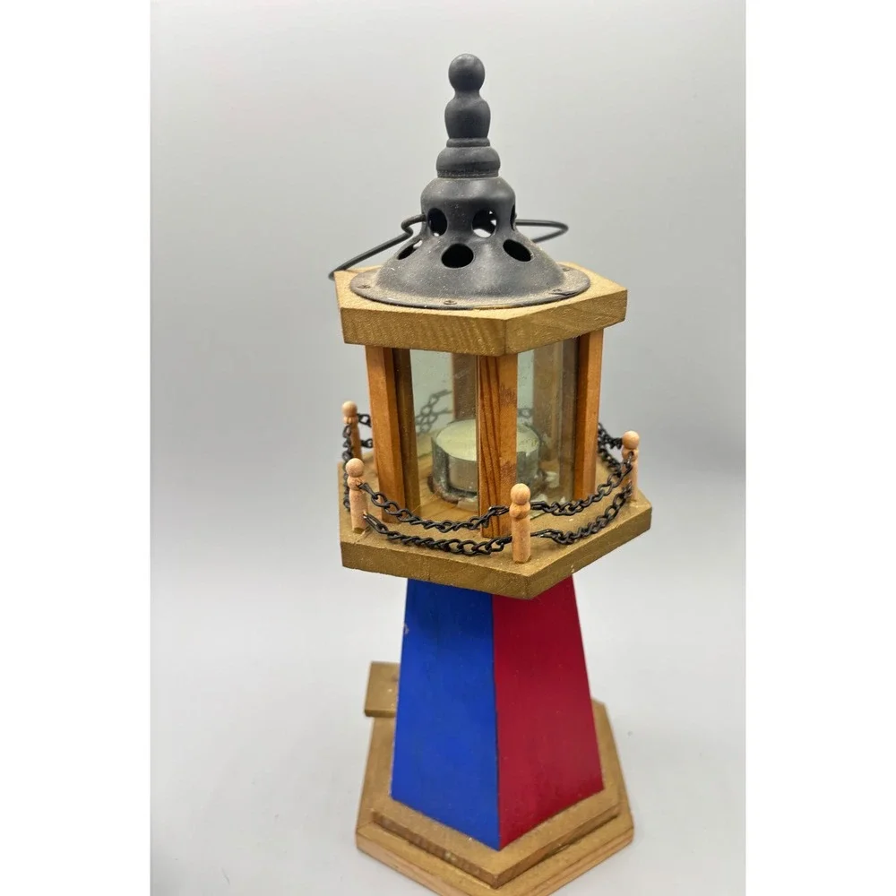 Vtg Wooden Lighthouse Candle‎ Holder Glass Panels Nautical Decor